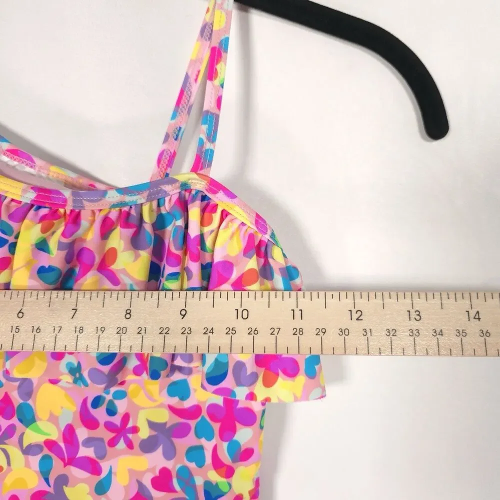 RuffleButts Girls 7 Vibrant Floral Neon One‎ shoulder Swimsuit Ruffles UPF 50+